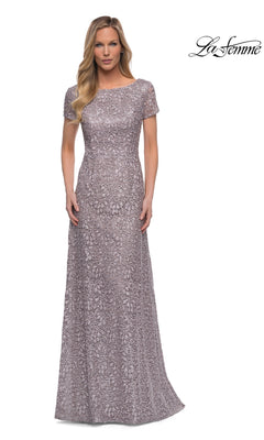 A dark mauve La Femme 29198 long formal dress with short sleeves and an all-over embroidered lace overlay.