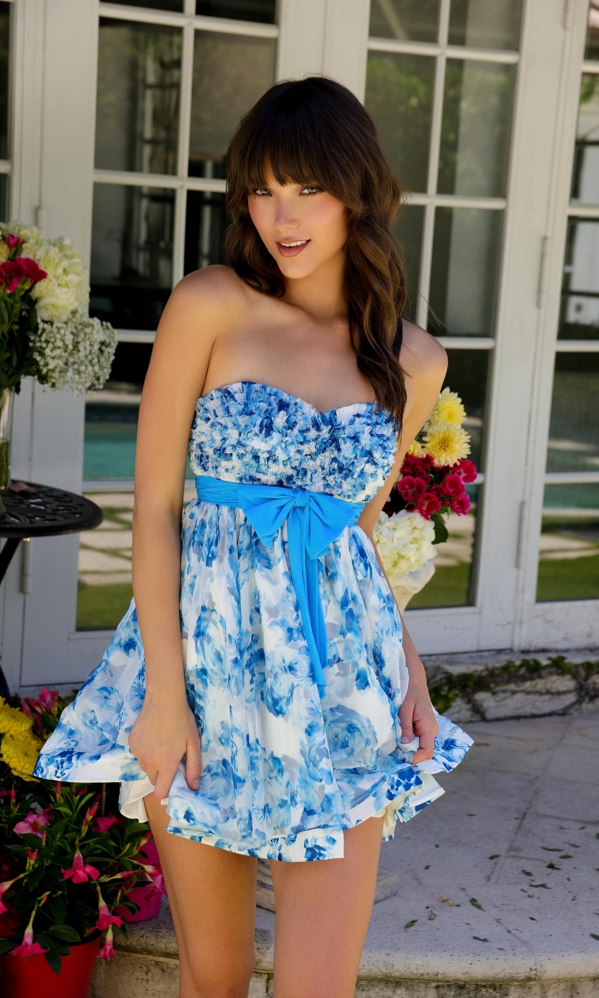 homecoming dresses blue floral Light Blue Floral Print Homecoming Dress with Corset Bodice – HB023 –  Viniodress