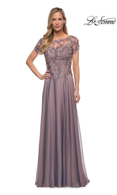La Femme 29235 dark mauve formal dress with a sheer, floral-embroidered bodice and a floor-length lace chiffon gown skirt.