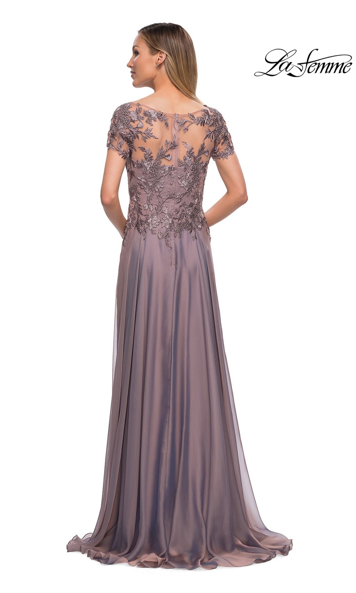 A back view of the La Femme 29235 formal dress, featuring a dark mauve floor-length chiffon skirt and a short-sleeved illusion bodice with dark floral embroidery.
