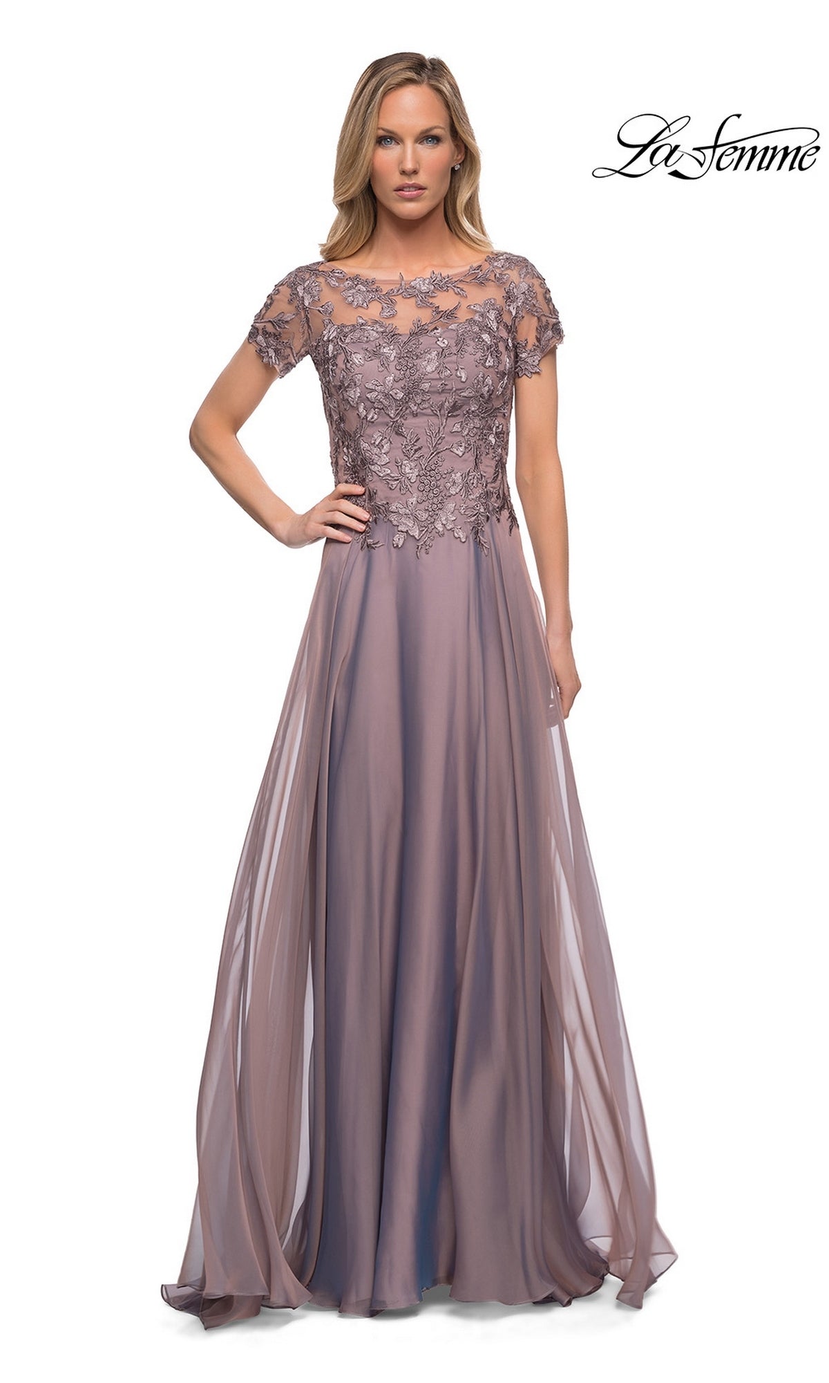 A floor-length dark mauve Long Formal Dress: La Femme 29235 with short sleeves and an illusion neckline featuring floral embroidery on the bodice.