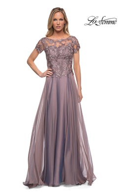 A floor-length dark mauve Long Formal Dress: La Femme 29235 with short sleeves and an illusion neckline featuring floral embroidery on the bodice.
