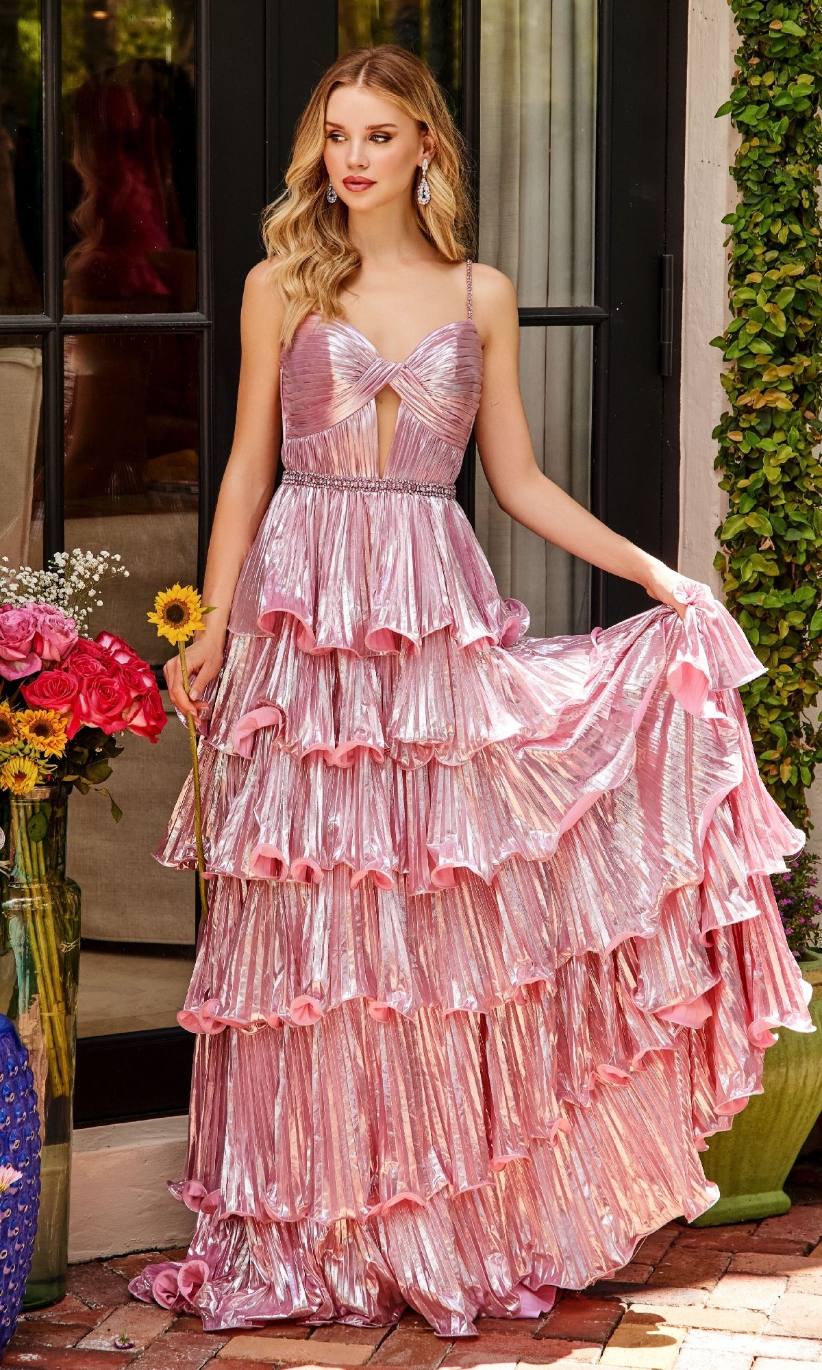 Long Metallic Pleated Prom Dress with Ruffles – PromGirl