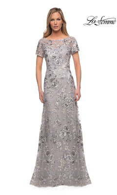 Long Formal Dress: La Femme 29281 in silver, a floor-length formal dress with short sleeves, a sheer neckline, and all-over floral embroidery.