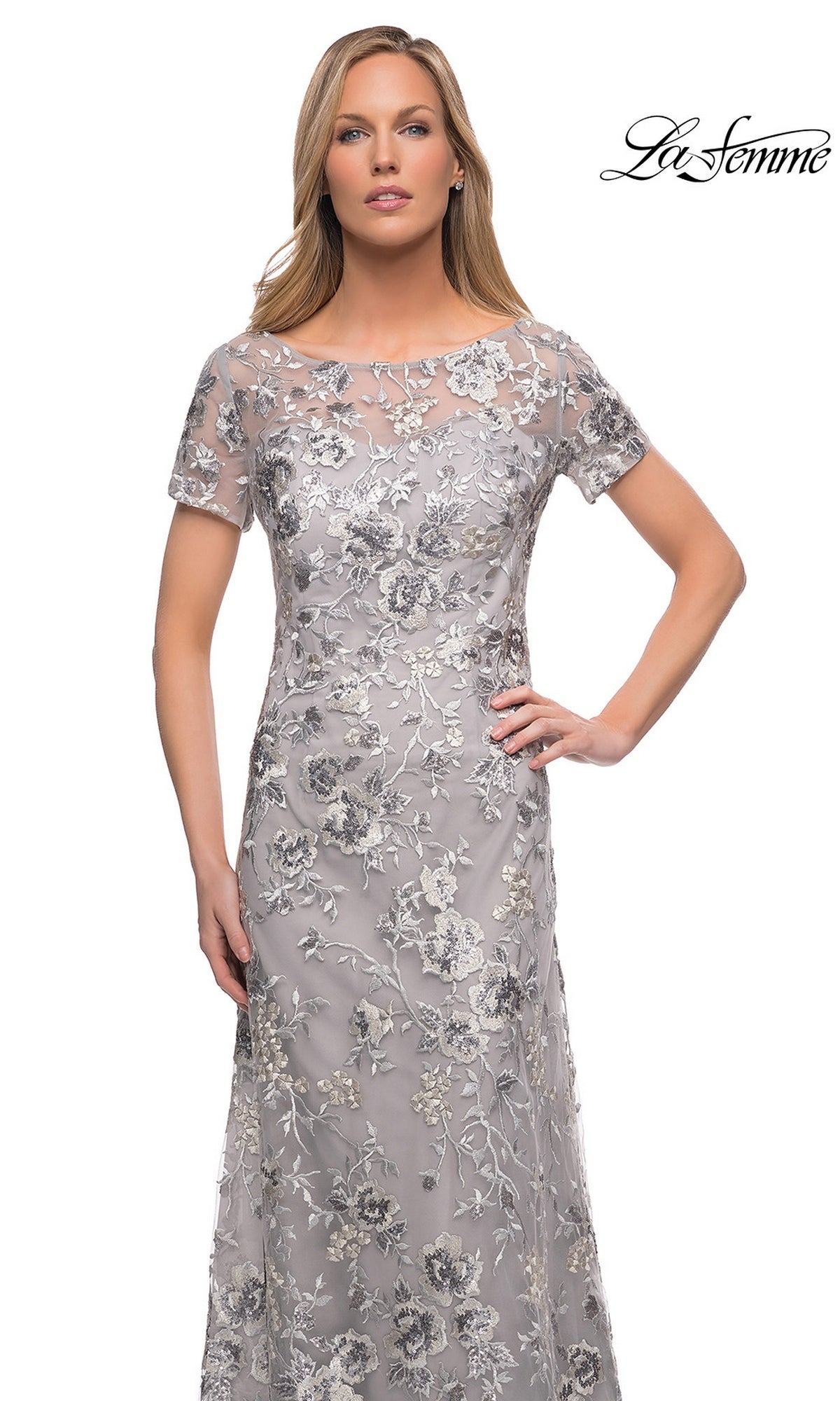 Long Formal Dress: La Femme 29281, a floor-length gray evening wedding gown with short sleeves and metallic floral embroidery.