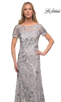 Long Formal Dress: La Femme 29281, a floor-length gray evening wedding gown with short sleeves and metallic floral embroidery.
