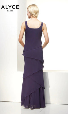 A woman in the Alyce 29292 long formal dress stands with her back to the camera, wearing a sleeveless, floor-length, layered purple chiffon gown. "ALYCE PARIS" appears in the top left corner against a plain background.
