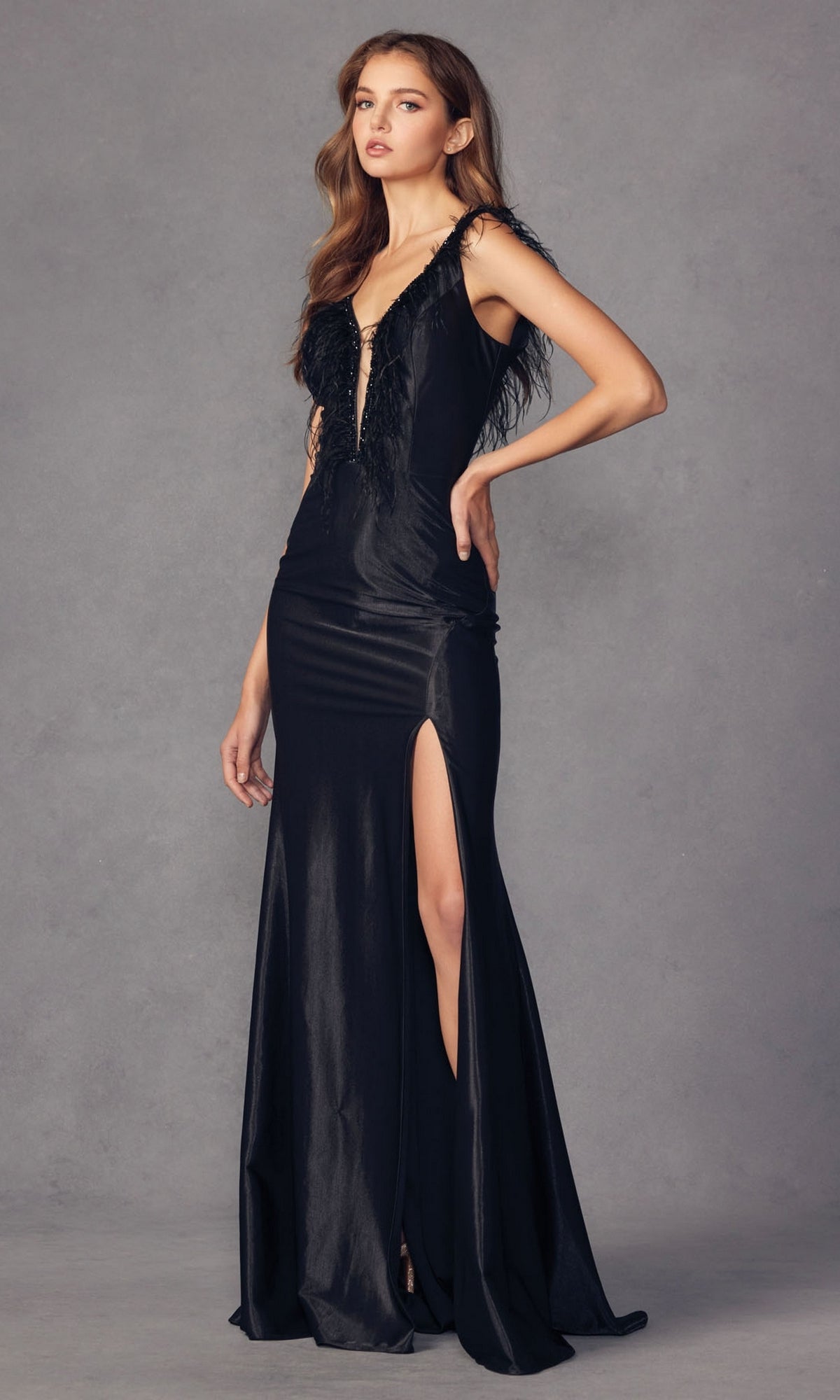Long Black Formal Dress with Feathers PromGirl