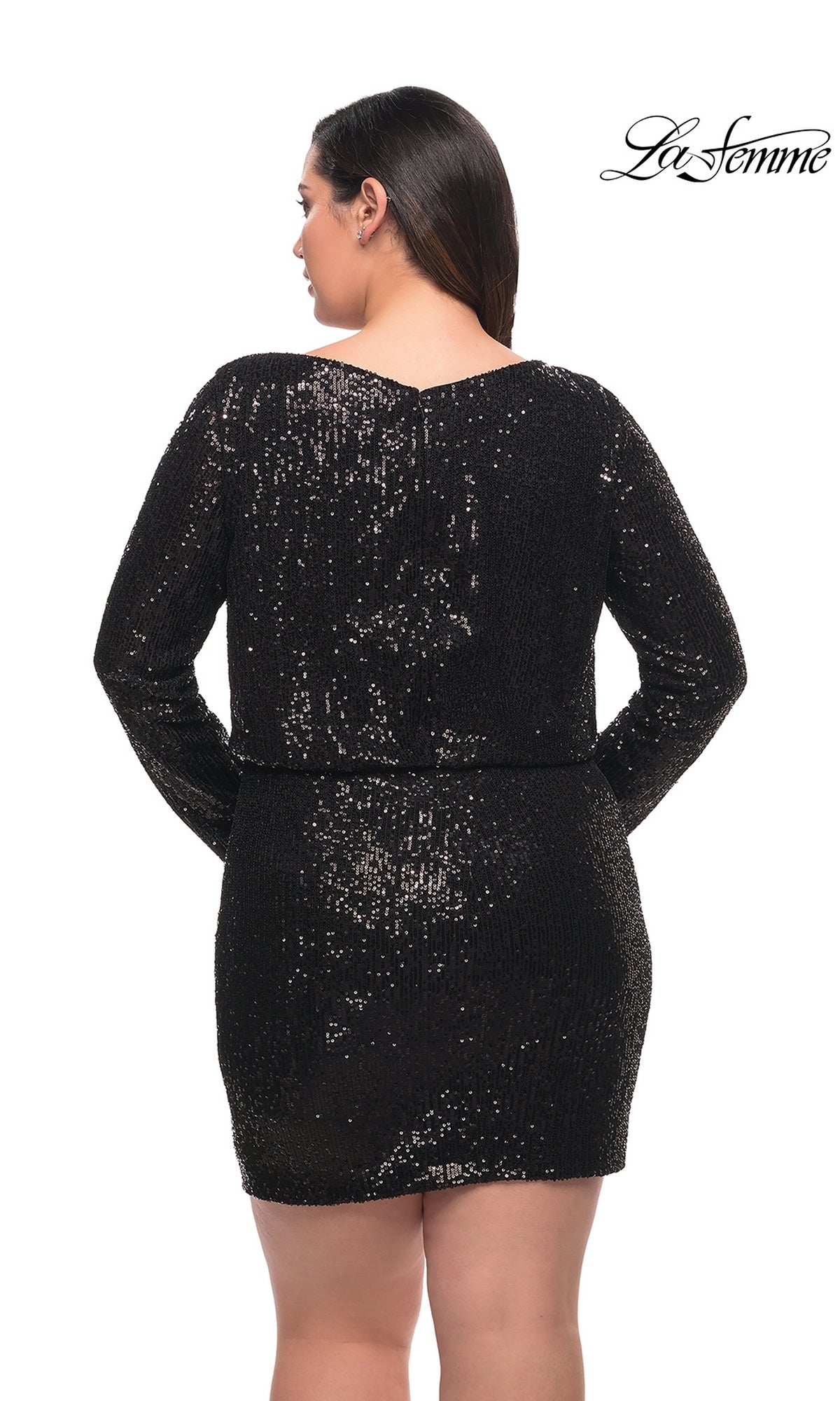 A woman is shown from the back wearing the La Femme Long Sleeve Plus Homecoming Dress 29396, a black sequin cocktail style with long sleeves, against a white background. The La Femme logo is visible in the top right corner.