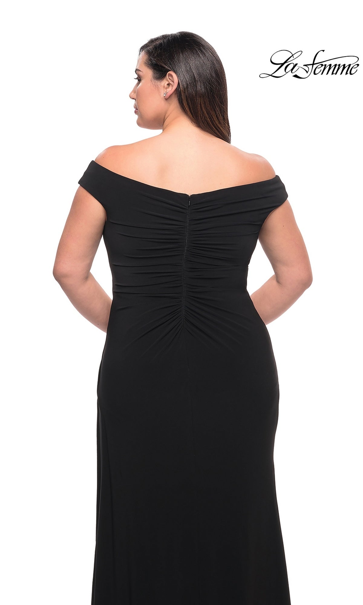 Back view of the Long Plus-Size Prom Dress: La Femme 29474, a floor-length black matte jersey off-the-shoulder dress with a ruched center seam.