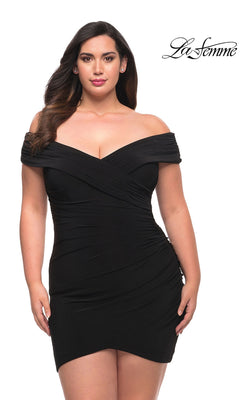 A woman poses in the La Femme Plus-Size Sexy Cocktail Party Dress 29521, featuring off-the-shoulder and ruched details, against a white background with the "La Femme" logo in the top right corner.