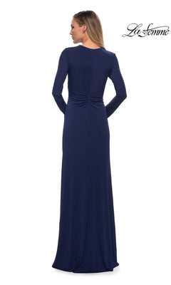 Back view of the floor-length, navy blue long-sleeve La Femme 29535 formal dress with ruched detail at the lower back.