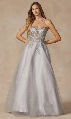 Long A-Line Prom Dress with Sheer Lace-Up Corset Silver / XSmall Long A-Line Prom Dress with Sheer Lace-Up Corset Silver / XSmall
