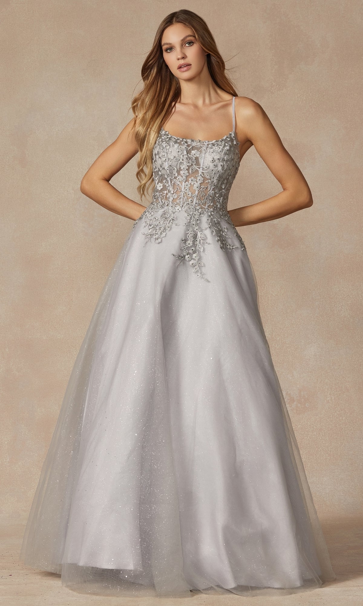 A woman stands against a neutral background wearing the Juliet 295 Lace-Up Long A-Line Prom Dress, featuring thin straps, a fitted embroidered bodice, and a full tulle skirt in silver.
