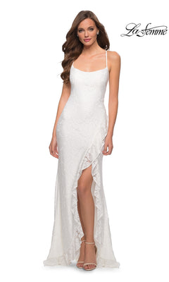 A woman stands against a plain background wearing the La Femme Ruffled Long Lace Prom Dress 29650, featuring spaghetti straps and a front ruffle slit. The "La Femme" logo appears in the top right corner.