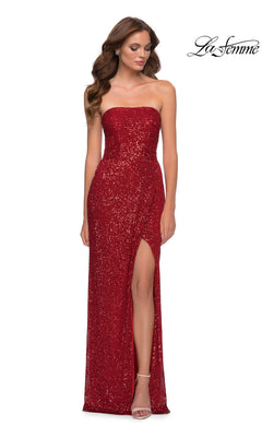 A woman models the La Femme Strapless Long Sequin Prom Dress 29681 in red, featuring a thigh-high slit, against a white backdrop. The La Femme logo appears in the top right corner.
