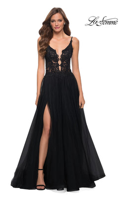 Woman in a black La Femme Lace-Bodice Long A-Line Prom Dress 29686 featuring a deep V-neckline, embroidered lace bodice, thin straps, and high-slit skirt; "La Femme" logo appears in the top right corner.