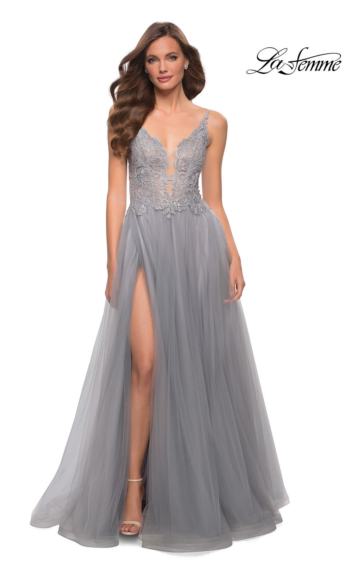 chinese dress ladies V-Back Long A-Line Prom Dress with Sheer Lace Bodice Silver / 10
