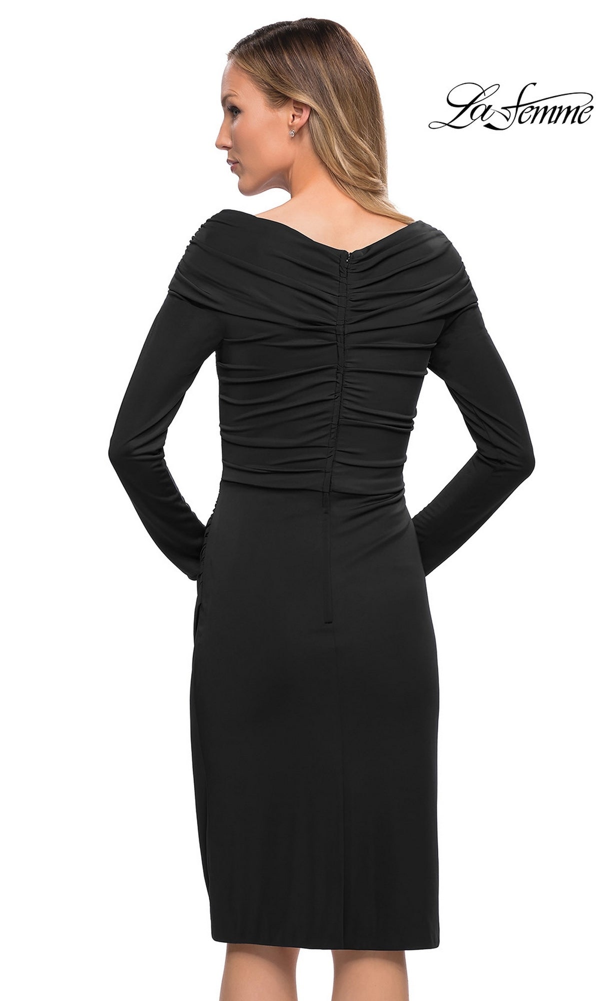 Back view of the La Femme 29746 knee length wedding guest dress, a black, fitted sheath midi dress with a ruched bodice and long sleeves.
