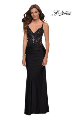 Woman in the La Femme Long Prom Dress 29774, featuring a long black skirt, lace bodice, and thin straps; "La Femme" logo appears in the top right corner.