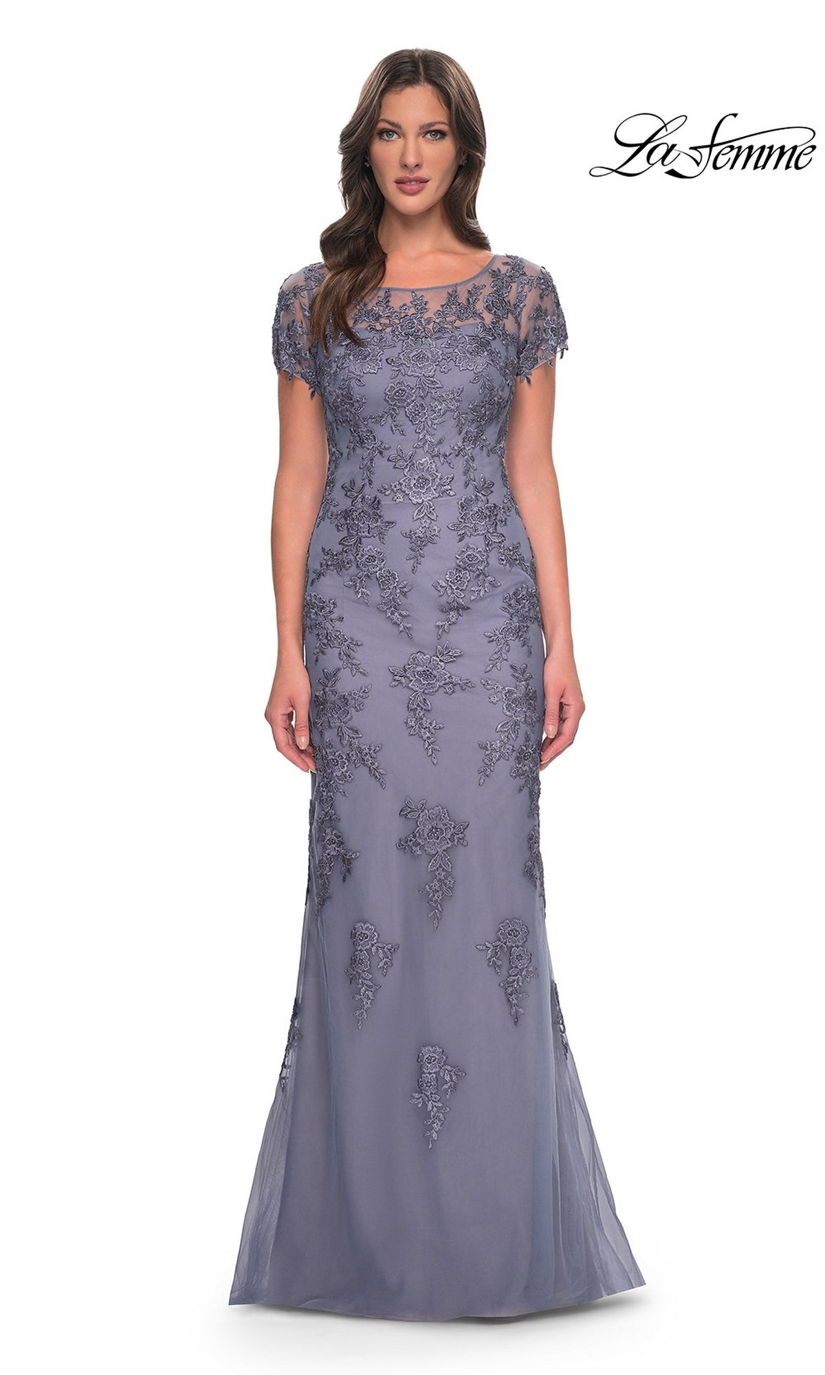 Dusty purple La Femme 29792 floor-length modest gown with a sheer neckline, short sleeves, and floral embroidery.