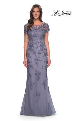 Dusty purple La Femme 29792 floor-length modest gown with a sheer neckline, short sleeves, and floral embroidery.