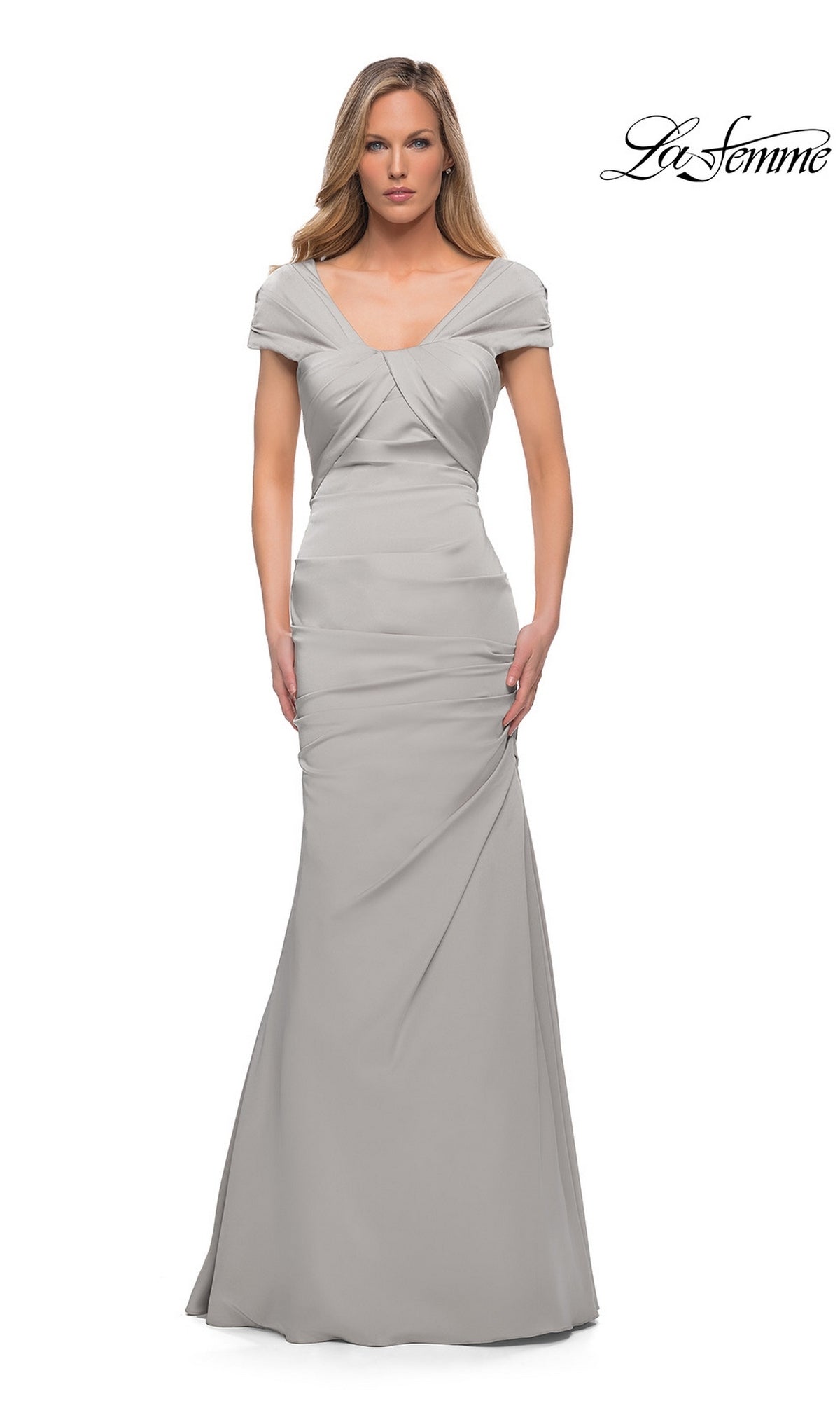 La Femme 29805 floor-length silver formal dress in a trumpet silhouette with a V-neck, cap sleeves, and a pleated bodice.