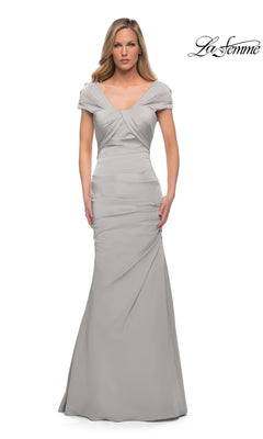 La Femme 29805 floor-length silver formal dress in a trumpet silhouette with a V-neck, cap sleeves, and a pleated bodice.