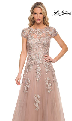 La Femme 29829 long formal dress in blush, featuring a floor-length silhouette, cap-sleeve illusion neckline, and metallic floral embroidery.