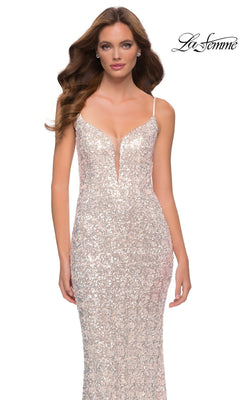 A floor-length, sequined La Femme 29872 evening gown with a deep V-neckline, sheer illusion panel, spaghetti straps, and a strappy open back.