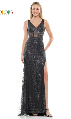 A woman stands wearing the Sheer-Waist Glitter-Print Long Prom Dress 2990—a sleeveless, floor-length black gown with sheer panels, glitter detailing, and a thigh-high slit.