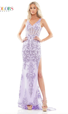 A woman stands against a white background wearing the Sheer-Waist Glitter-Print Long Prom Dress 2990, a fitted light purple gown with silver embellishments, a sheer waist and bodice, and a high slit.