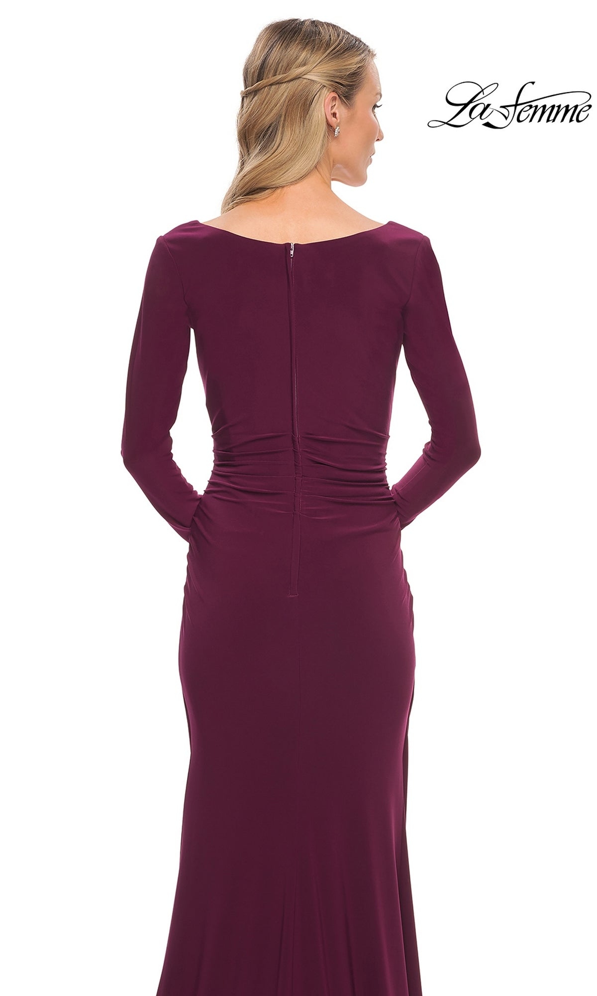 Back view of the Long Formal Dress: La Femme 29924, a floor-length burgundy jersey dress with a ruched bodice, centered back zipper, and long sleeves.