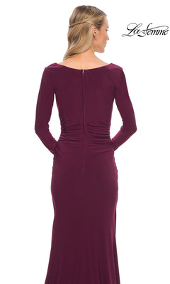 Back view of the Long Formal Dress: La Femme 29924, a floor-length burgundy jersey dress with a ruched bodice, centered back zipper, and long sleeves.