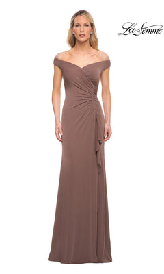 Cocoa-colored floor-length La Femme 29925 jersey formal dress featuring an off-the-shoulder neckline and a ruched side detail.