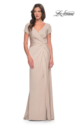 Champagne-colored Long Formal Dress: La Femme 29926, a floor-length modest formal dress with short sleeves, a V-neckline, and a gathered twist-knot detail at the waist.