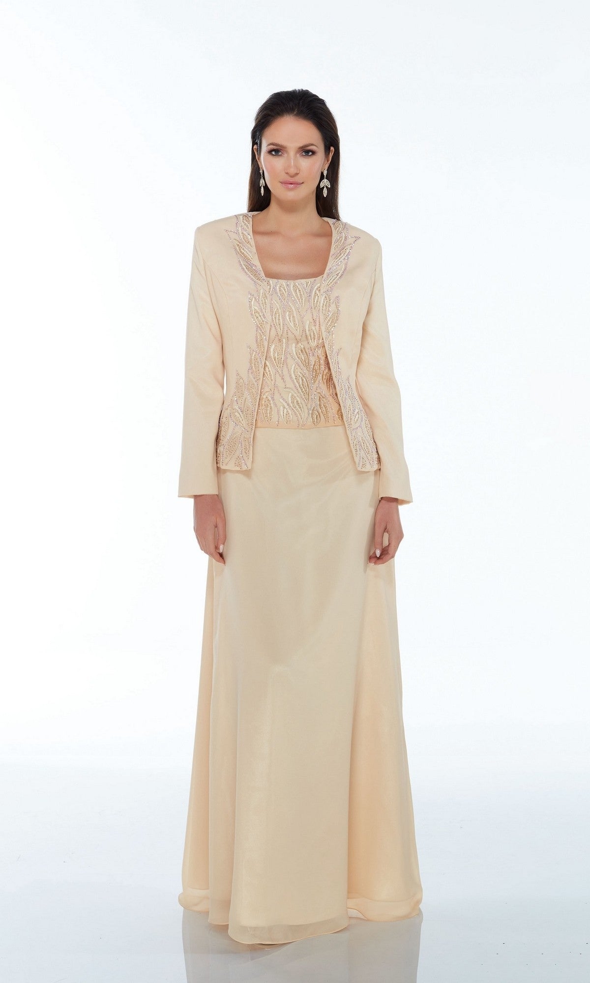 A woman models the Alyce 29953 long formal dress in light beige with a beaded top and matching jacket—ideal for a mother of the bride—against a plain white background.