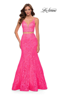 Long Prom Dress: La Femme 29967 in neon pink, featuring a two-piece stretch lace design with a V-neck crop top and a floor-length mermaid skirt.