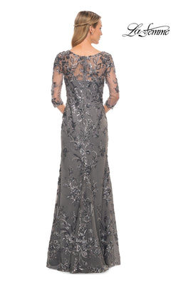 Back view of the Long Formal Dress: La Femme 29976, a modest, floor-length silver-grey gown with three-quarter sleeves, floral embroidery, and beaded appliques.