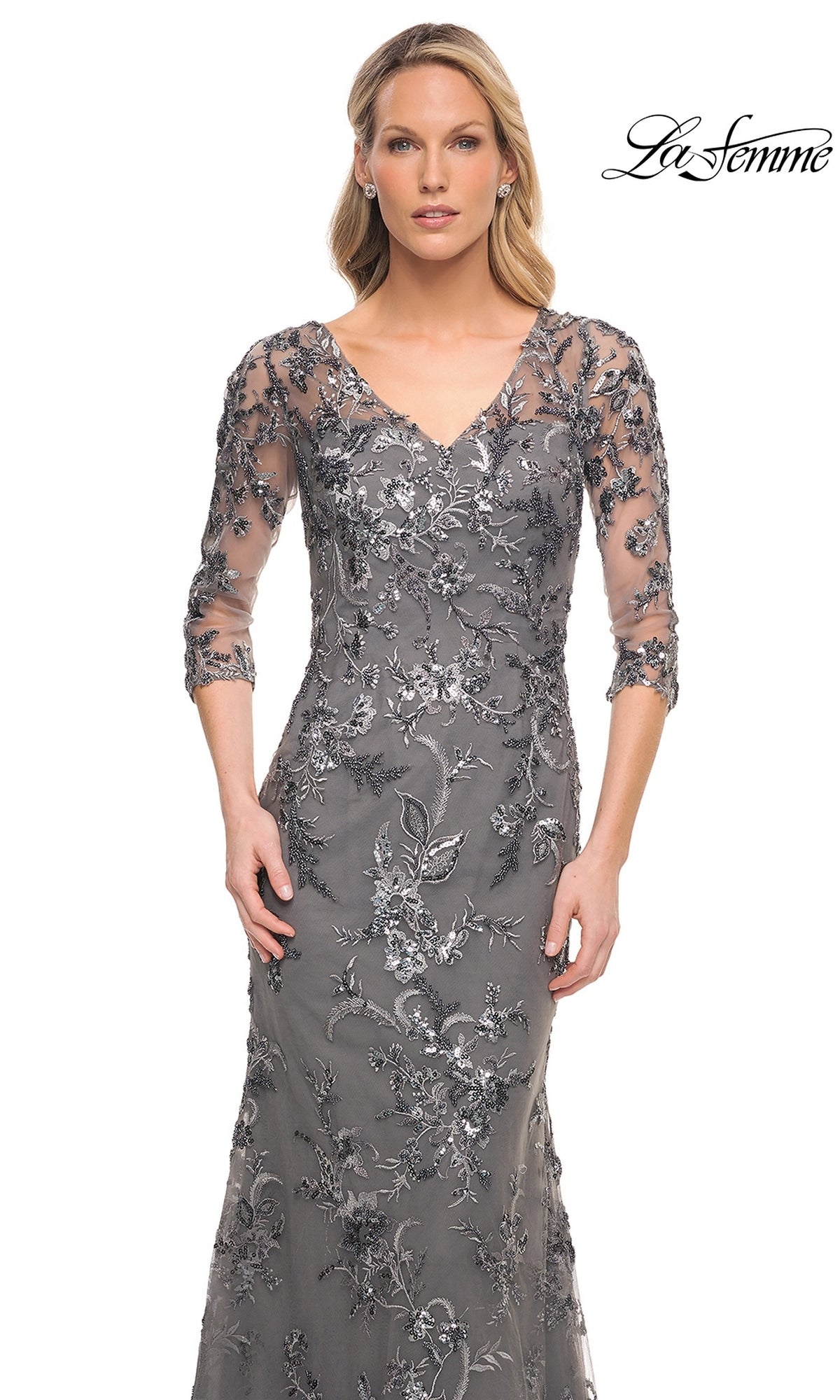 Long Formal Dress: La Femme 29976 in gray, featuring a v-neck, three-quarter sleeves, and silver floral embroidery with beaded appliques.