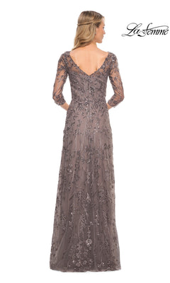 Back view of a Long Formal Dress: La Femme 29994, featuring a floor-length taupe sheer-sleeve design with three-quarter sleeves and sequined floral embroidery.