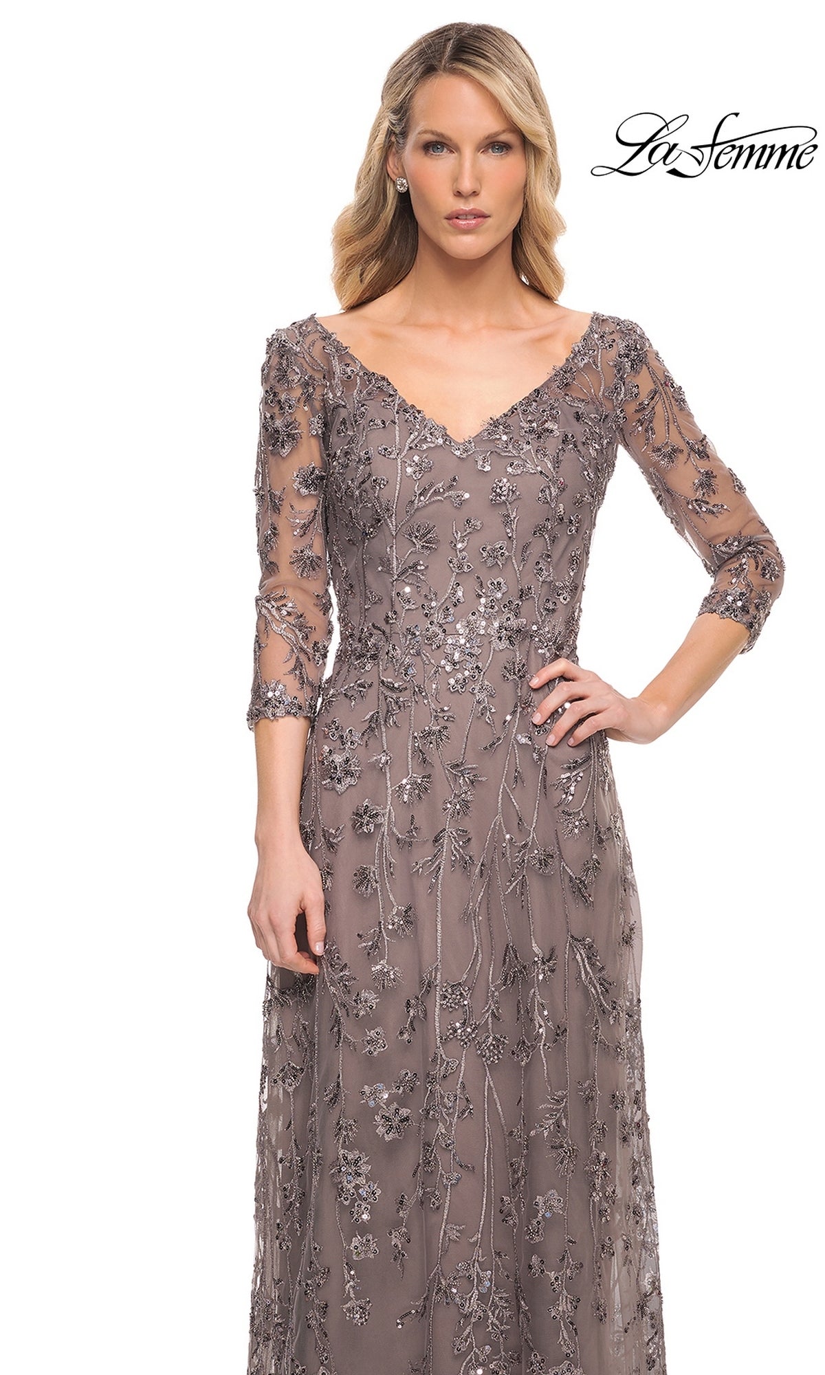 La Femme 29994 mauve V-neck formal dress with sheer sleeves, intricate floral embroidery, and beaded lace sequin detailing.