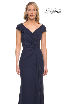 La Femme 29996 floor-length dark navy off-the-shoulder formal dress with draped, gathered fabric detailing at the waist.