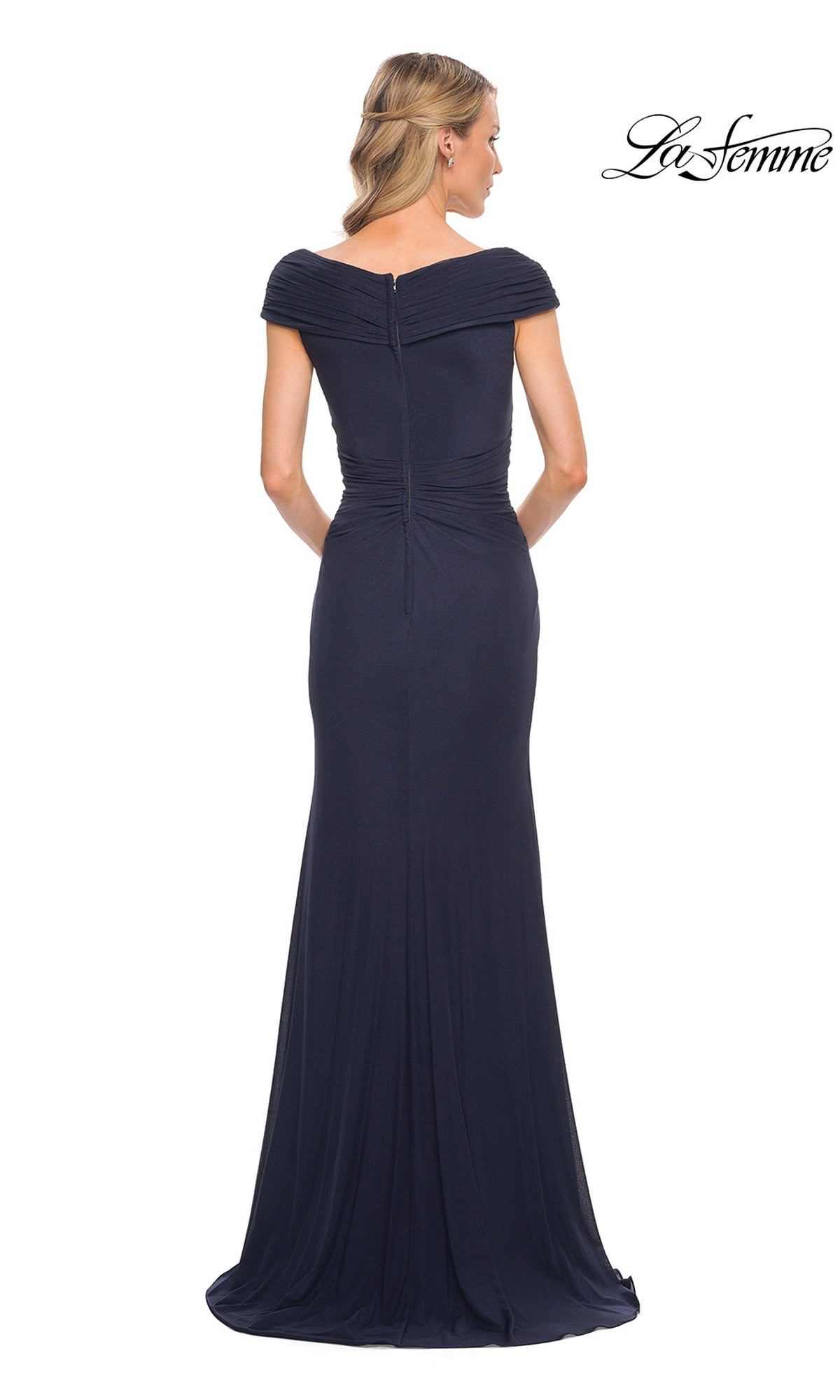 Back view of a floor-length, dark navy off-the-shoulder Long Formal Dress: La Femme 29996 with a ruched bodice.