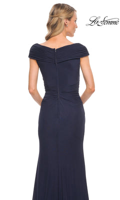 Back view of the Long Formal Dress: La Femme 29996, a navy blue off-the-shoulder gown with floor-length styling and a ruched waist.