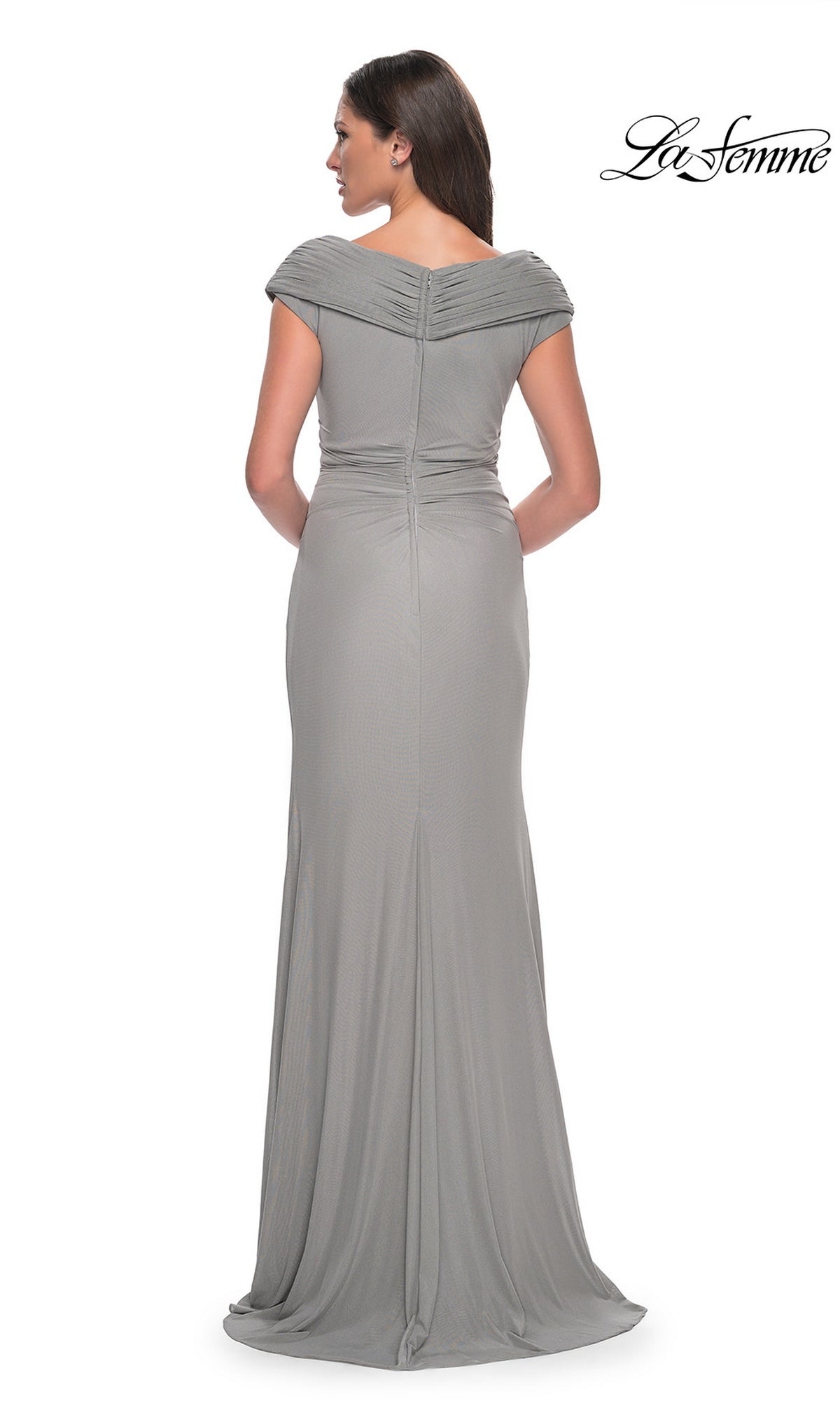 Back view of the grey, off-the-shoulder Long Formal Dress: La Femme 29996, featuring a floor-length silhouette with a pleated neckline.