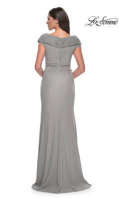 Back view of the grey, off-the-shoulder Long Formal Dress: La Femme 29996, featuring a floor-length silhouette with a pleated neckline.