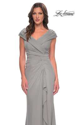 A gray floor-length La Femme 29996 formal dress featuring a pleated V-neckline, a ruched bodice, and an off-the-shoulder silhouette.