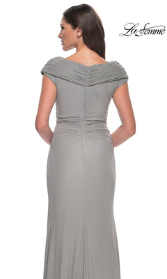 Back view of a woman wearing a gray, off-the-shoulder Long Formal Dress: La Femme 29996, featuring a draped, floor-length silhouette.
