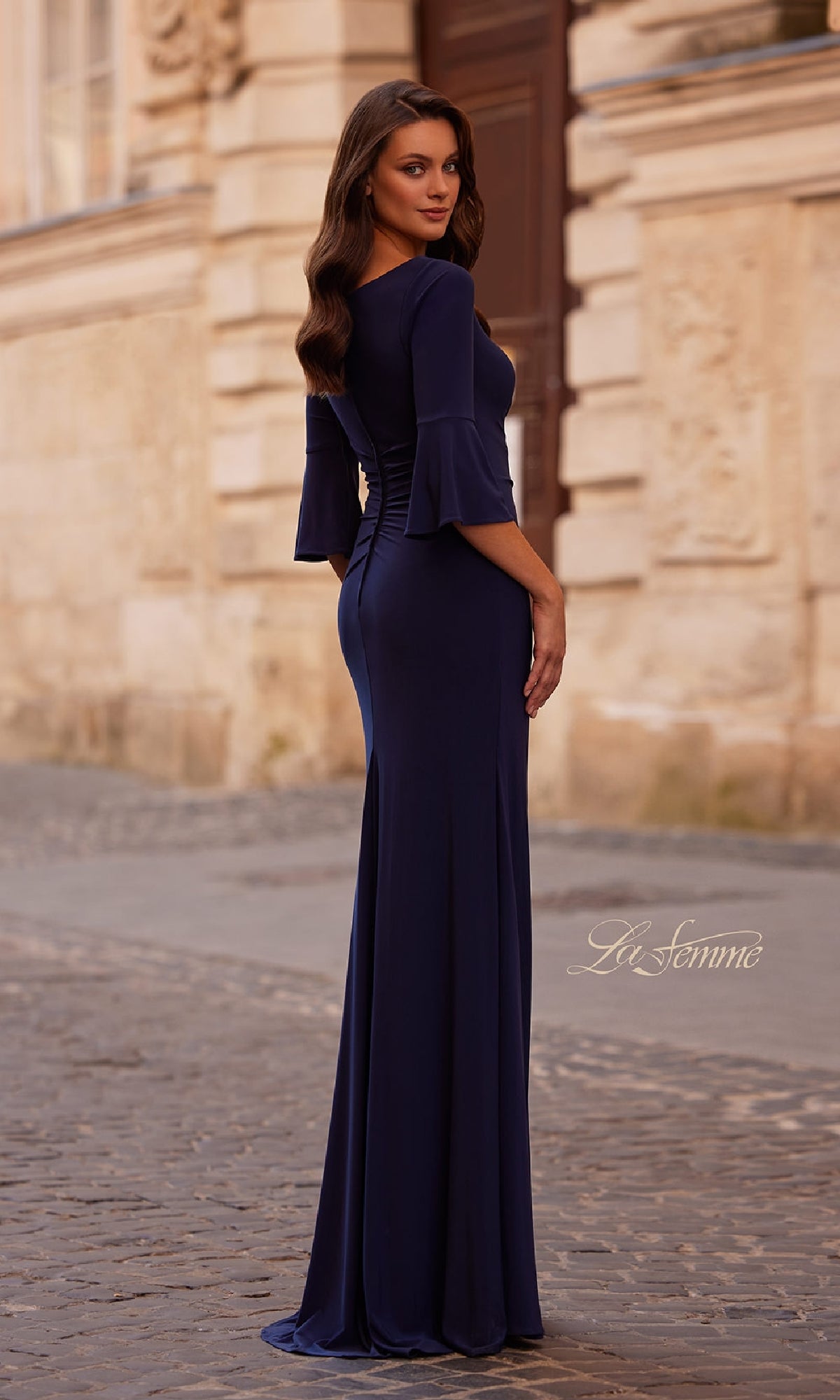 Bateau-Neck Long Formal Dress with Bell Sleeves